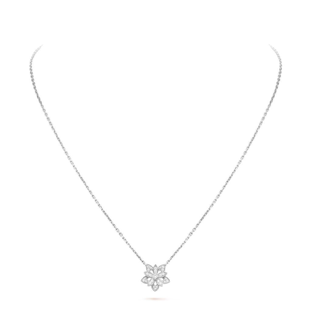 Van Cleef & Arpels Lotus Collection White Gold and Full-Diamond Pendant Necklace