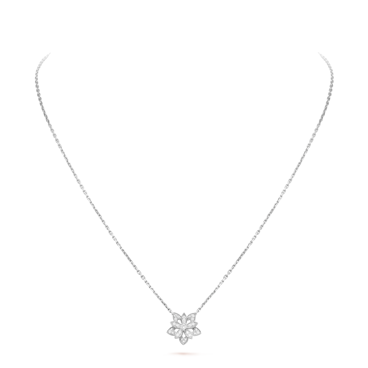 Van Cleef & Arpels Lotus Collection White Gold and Full-Diamond Pendant Necklace