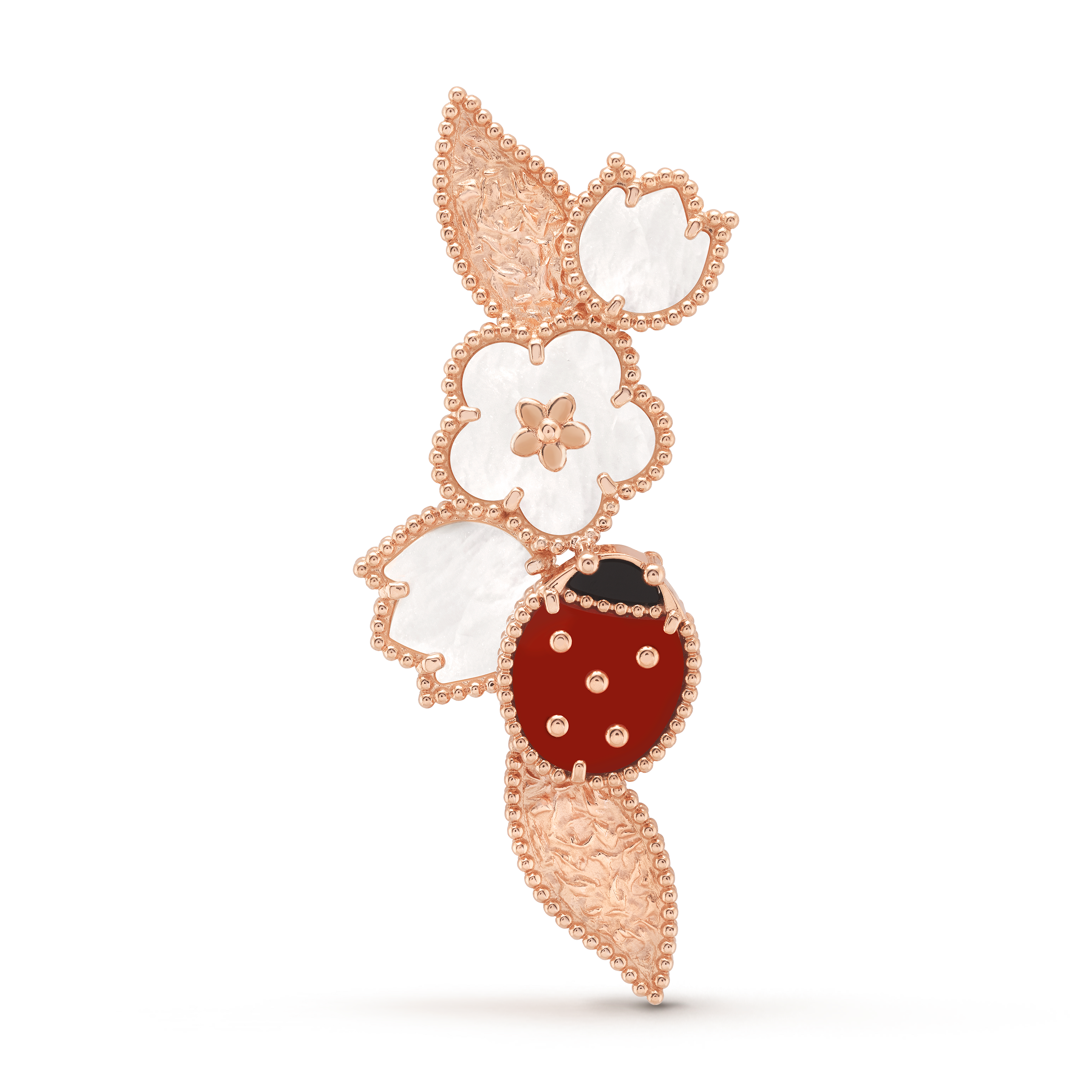 Van Cleef & Arpels Lucky Spring collection rose gold brooch featuring ladybug and flower motifs.