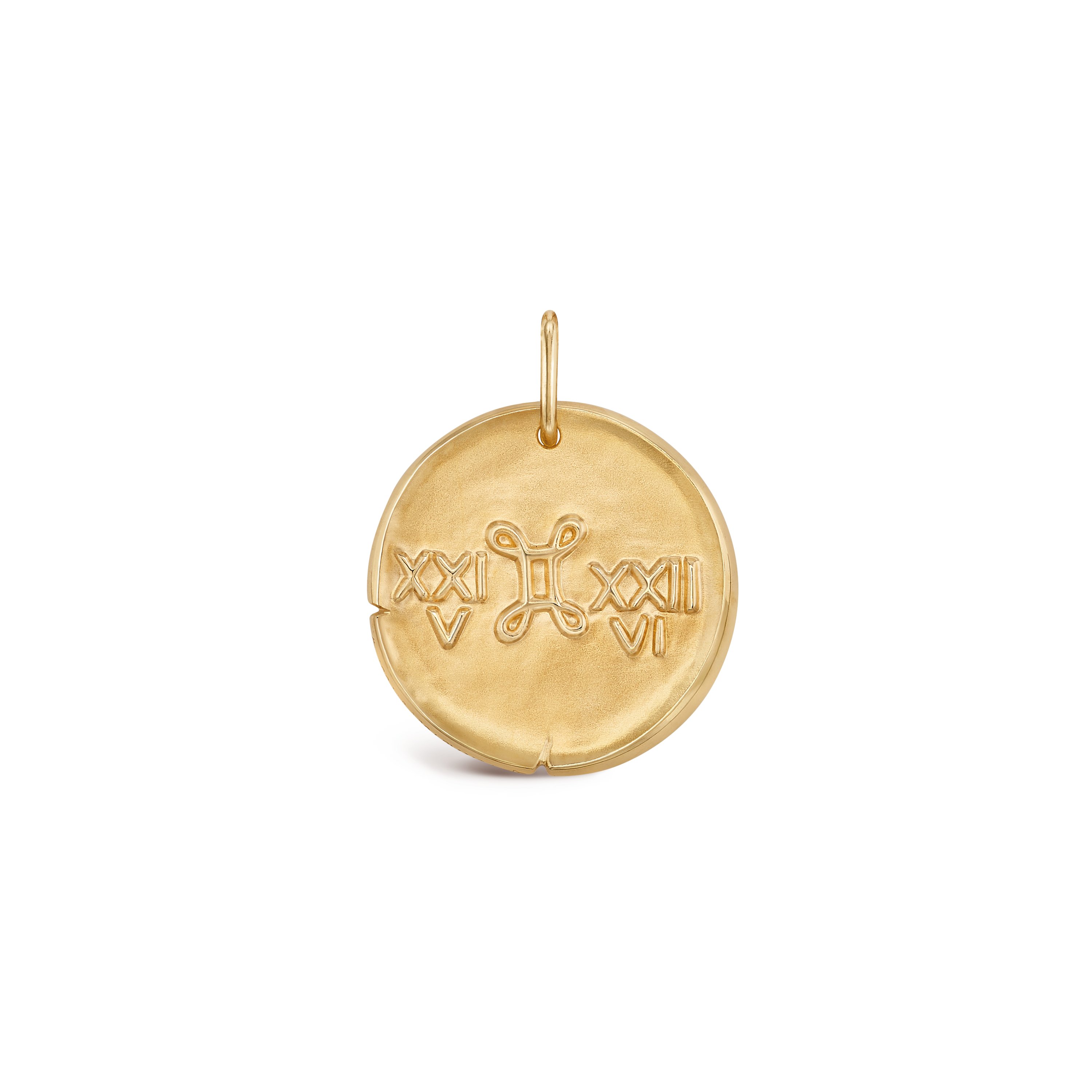 Van Cleef & Arpels Zodiaque Collection "Geminorum" (Gemini) gold medallion pendant featuring a relief design.