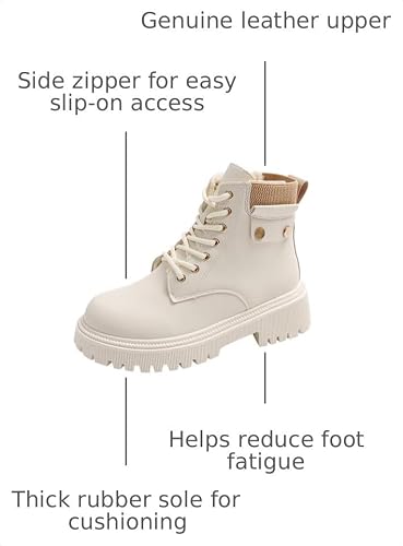 Women's Round Toe Leather High-Top Lace-Up Ankle Boots With Thick Sole And Non-Slip Side Zipper Suitable For Dating, Shopping, And Walking