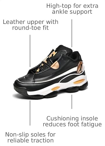 Men's Leather Lace-Up Round-Toe Casual Sports Shoes with Non-Slip Soles and Cushioning, Lightweight High-Top Basketball Shoes Suitable for Basketball Training, Competitions, and Running