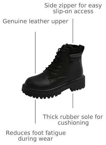 Women's Round Toe Leather High-Top Lace-Up Ankle Boots With Thick Sole And Non-Slip Side Zipper Suitable For Dating, Shopping, And Walking