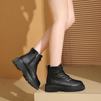 Women's Round Toe Leather High-Top Lace-Up Ankle Boots With Thick Sole And Non-Slip Side Zipper Suitable For Dating, Shopping, And Walking
