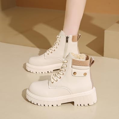 Women's Round Toe Leather High-Top Lace-Up Ankle Boots With Thick Sole And Non-Slip Side Zipper Suitable For Dating, Shopping, And Walking