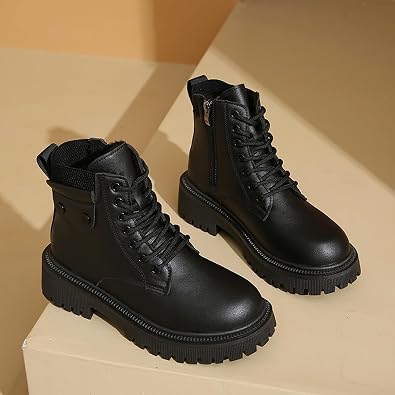 Women's Round Toe Leather High-Top Lace-Up Ankle Boots With Thick Sole And Non-Slip Side Zipper Suitable For Dating, Shopping, And Walking