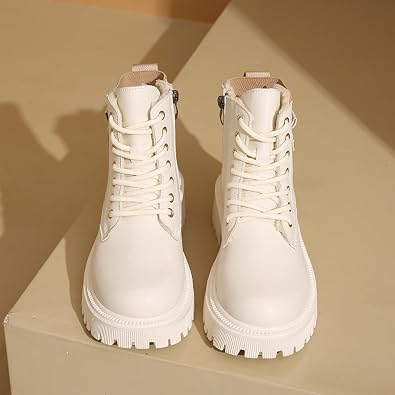 Women's Round Toe Leather High-Top Lace-Up Ankle Boots With Thick Sole And Non-Slip Side Zipper Suitable For Dating, Shopping, And Walking