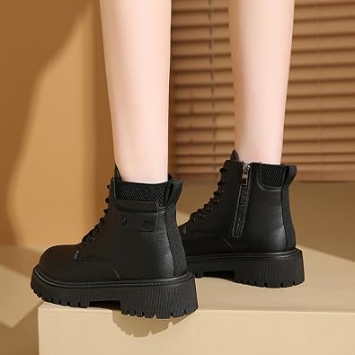 Women's Round Toe Leather High-Top Lace-Up Ankle Boots With Thick Sole And Non-Slip Side Zipper Suitable For Dating, Shopping, And Walking