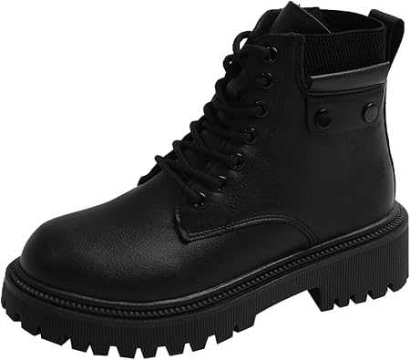 Women's Round Toe Leather High-Top Lace-Up Ankle Boots With Thick Sole And Non-Slip Side Zipper Suitable For Dating, Shopping, And Walking