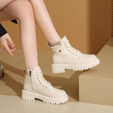 Women's Round Toe Leather High-Top Lace-Up Ankle Boots With Thick Sole And Non-Slip Side Zipper Suitable For Dating, Shopping, And Walking