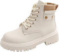 Women's Round Toe Leather High-Top Lace-Up Ankle Boots With Thick Sole And Non-Slip Side Zipper Suitable For Dating, Shopping, And Walking