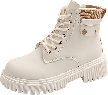 Women's Round Toe Leather High-Top Lace-Up Ankle Boots With Thick Sole And Non-Slip Side Zipper Suitable For Dating, Shopping, And Walking