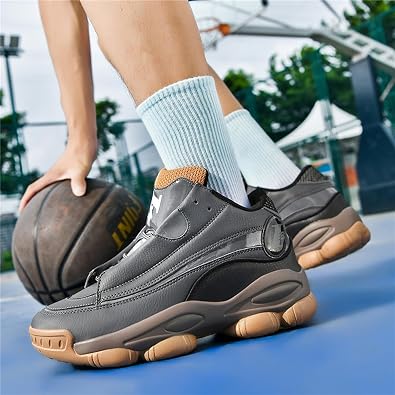 Men's Leather Lace-Up Round-Toe Casual Sports Shoes with Non-Slip Soles and Cushioning, Lightweight High-Top Basketball Shoes Suitable for Basketball Training, Competitions, and Running