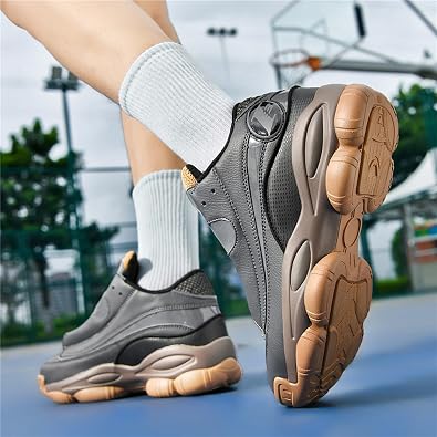 Men's Leather Lace-Up Round-Toe Casual Sports Shoes with Non-Slip Soles and Cushioning, Lightweight High-Top Basketball Shoes Suitable for Basketball Training, Competitions, and Running