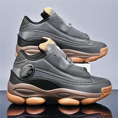 Men's Leather Lace-Up Round-Toe Casual Sports Shoes with Non-Slip Soles and Cushioning, Lightweight High-Top Basketball Shoes Suitable for Basketball Training, Competitions, and Running