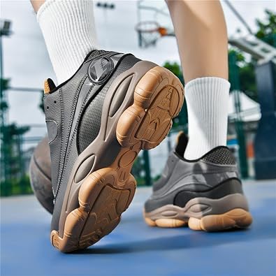 Men's Leather Lace-Up Round-Toe Casual Sports Shoes with Non-Slip Soles and Cushioning, Lightweight High-Top Basketball Shoes Suitable for Basketball Training, Competitions, and Running