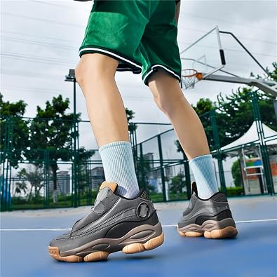 Men's Leather Lace-Up Round-Toe Casual Sports Shoes with Non-Slip Soles and Cushioning, Lightweight High-Top Basketball Shoes Suitable for Basketball Training, Competitions, and Running