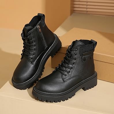 Women's Round Toe Leather High-Top Lace-Up Ankle Boots With Thick Sole And Non-Slip Side Zipper Suitable For Dating, Shopping, And Walking