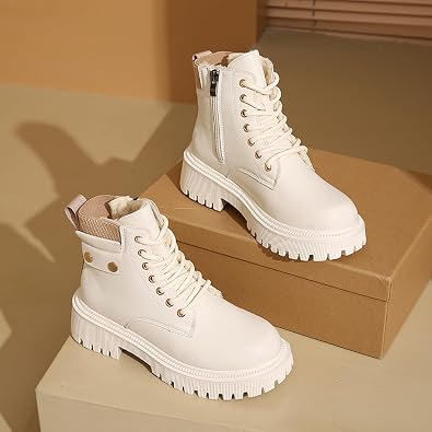 Women's Round Toe Leather High-Top Lace-Up Ankle Boots With Thick Sole And Non-Slip Side Zipper Suitable For Dating, Shopping, And Walking