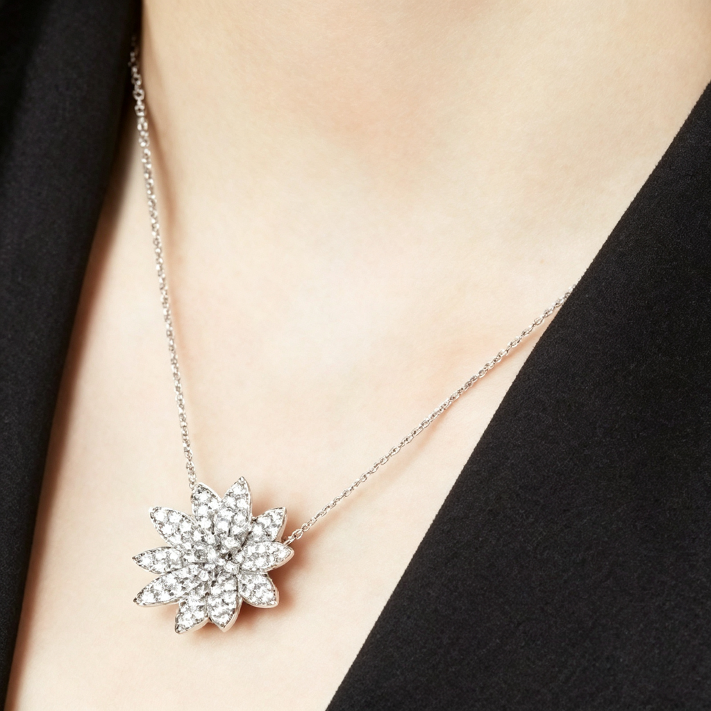 Van Cleef & Arpels Lotus collection pavé-diamond pendant necklace