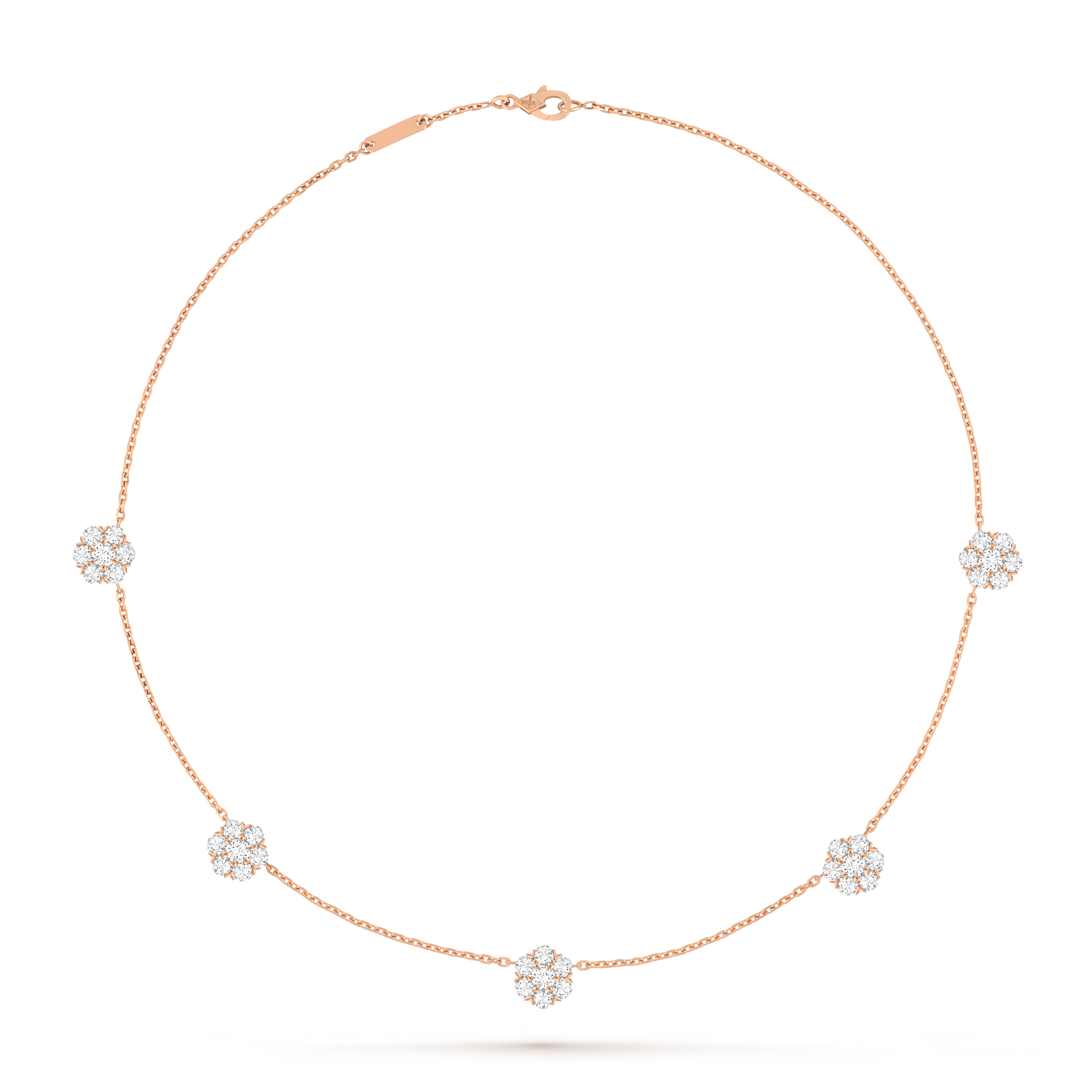 Van Cleef & Arpels Fleurette necklace featuring five diamond-pavé floral motifs.